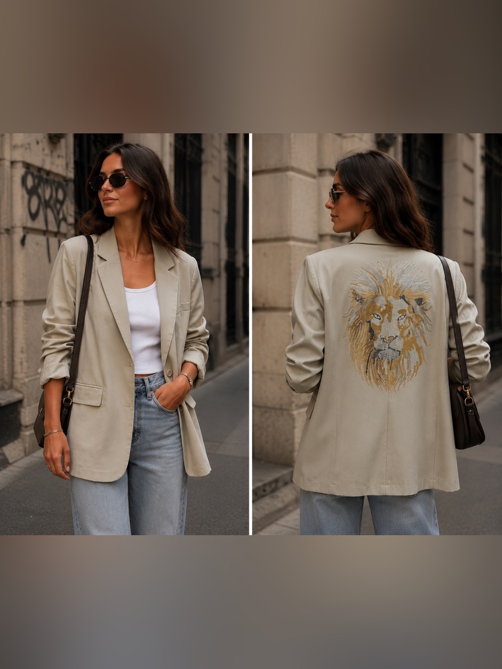 XL - No Label - Womens Beige Lion-Back Blazer Jacket rhinestone